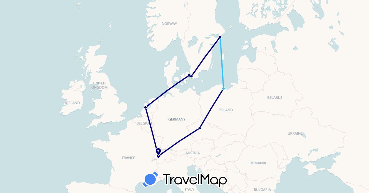 TravelMap itinerary: driving, boat in Switzerland, Czech Republic, Denmark, Netherlands, Poland, Sweden (Europe)