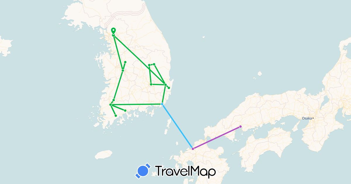 TravelMap itinerary: driving, bus, train, boat in Japan, South Korea (Asia)